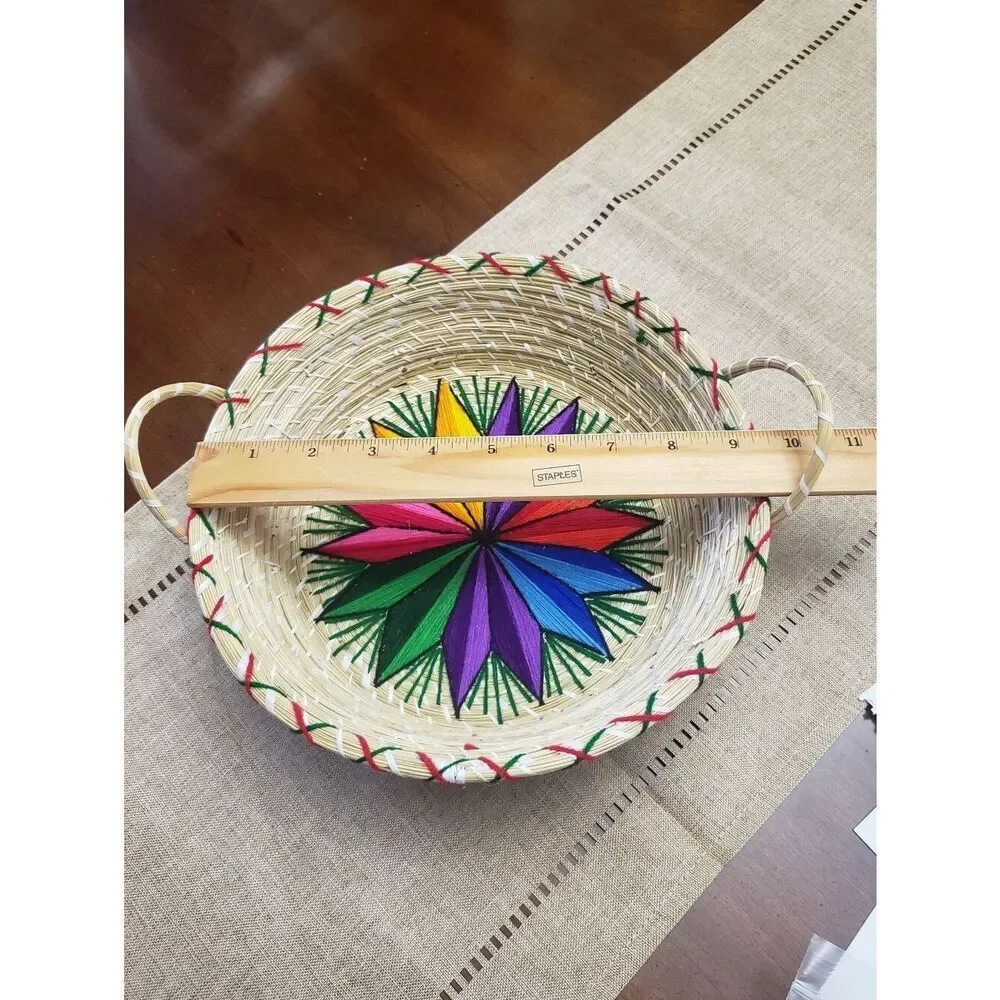Handwoven Basket With Handles Colorful Embroidered